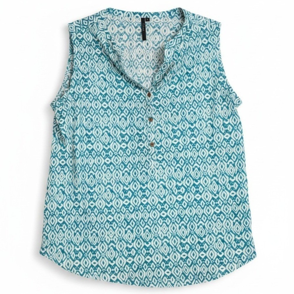 Cathy Teal White Geometric Ikat Sleeveless Henley Blouse Top,‎ Women's Large